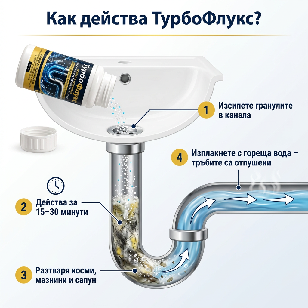 ТурбоФлукс – Препарат за отпушване на тръби и канали
