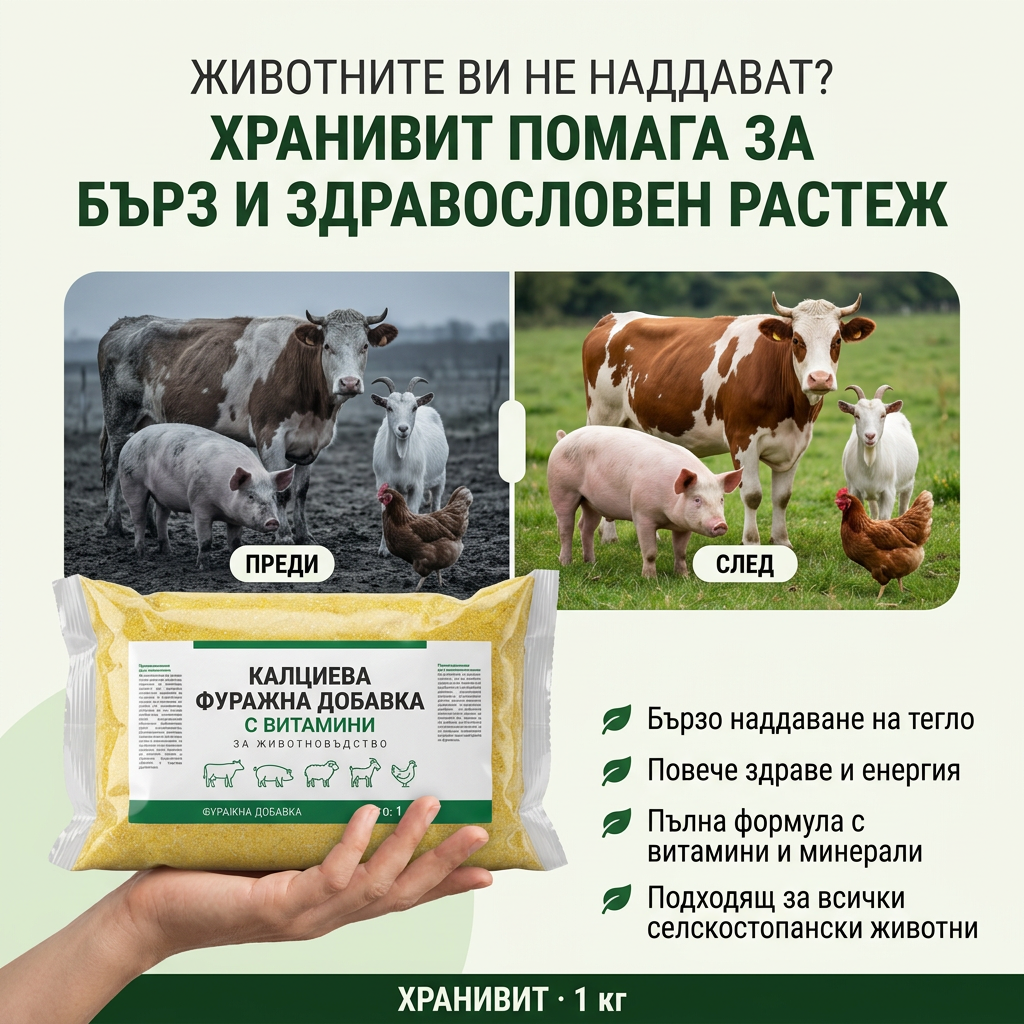 ХРАНИВИТ / Калциева фуражна добавка с витамини за угояване на животни, 1 кг