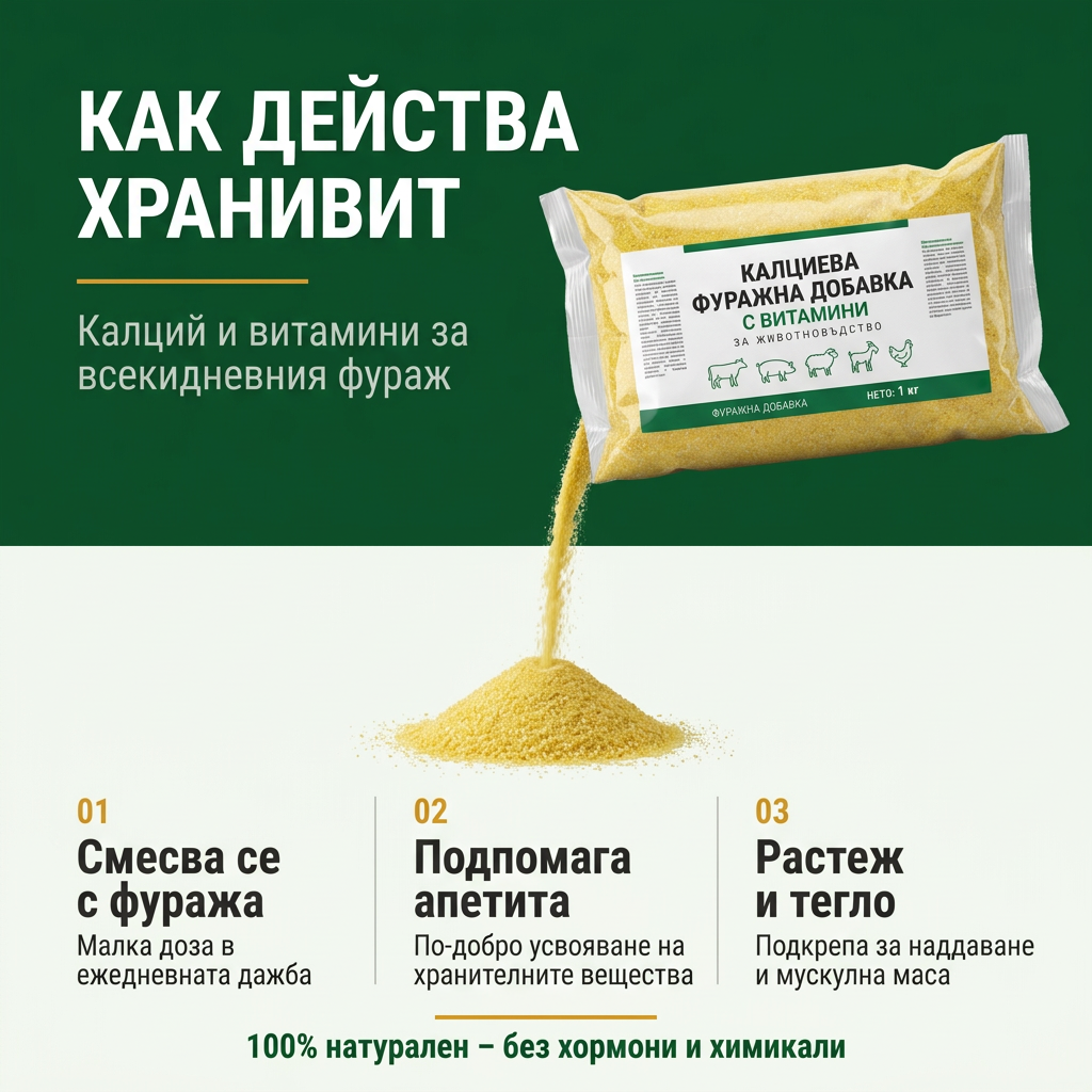 ХРАНИВИТ / Калциева фуражна добавка с витамини за угояване на животни, 1 кг