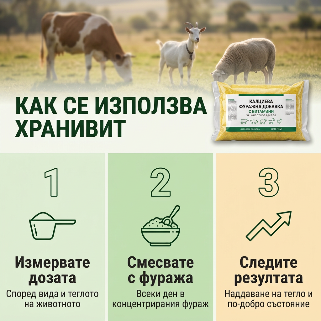 ХРАНИВИТ / Калциева фуражна добавка с витамини за угояване на животни, 1 кг
