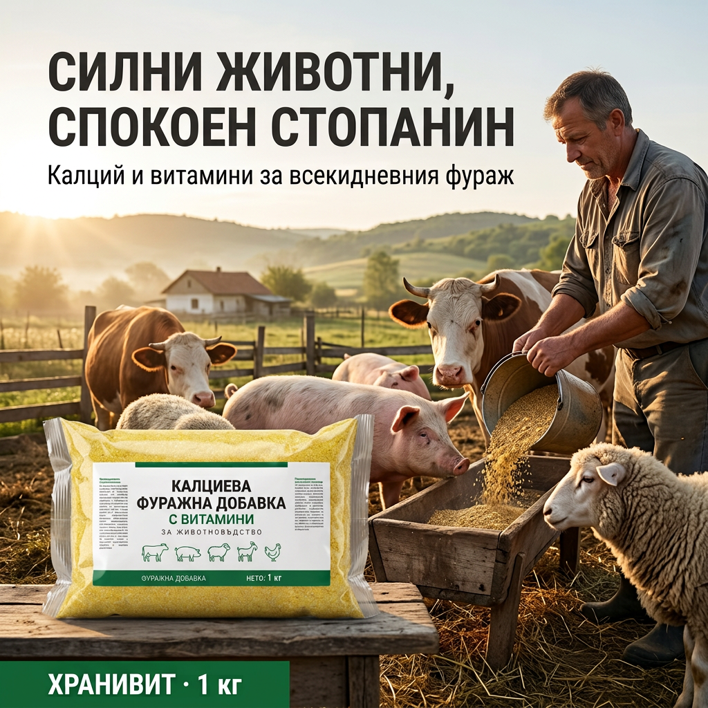 ХРАНИВИТ — Калциева фуражна добавка с витамини за угояване на животни, 1 кг